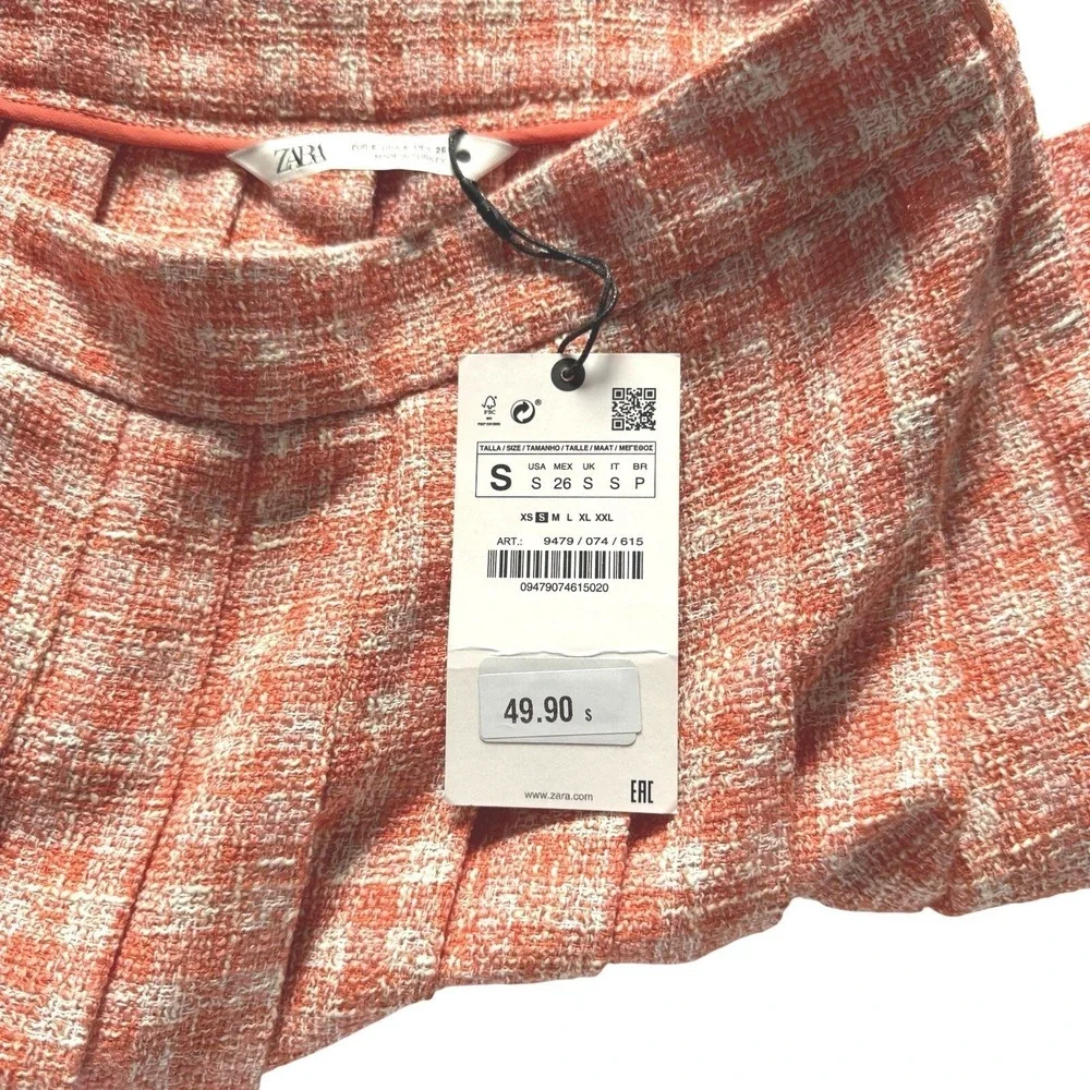 Zara Womens Small Orange White Tweed Plaid Pleated Mini Skirt Preppy Chic A-Line